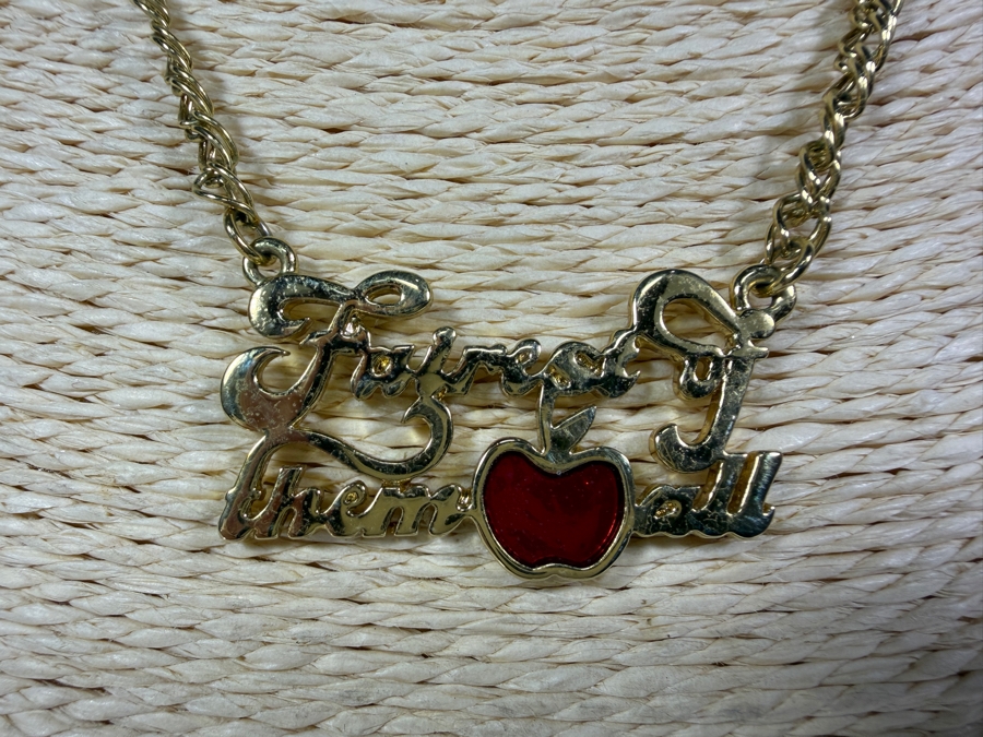 Disney Couture by Kidada Jones 'Fairest of Them All' Snow White Red Enamel Apple Gold-Plated Statement Nameplate Necklace 16' [Photo 3]