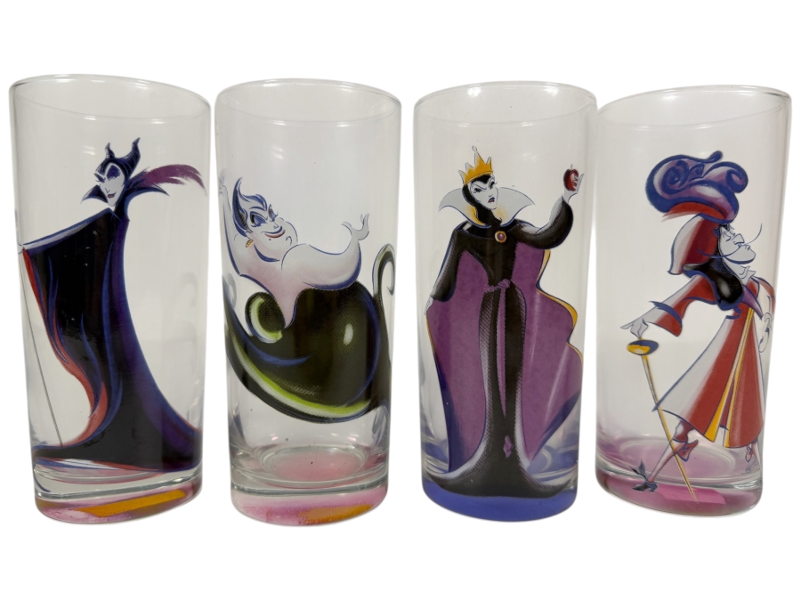 Vintage Disney Store Art Deco Series Disney Villains 10-Ounce Highball Tumbler Glasses Set Of Four 6.5'H