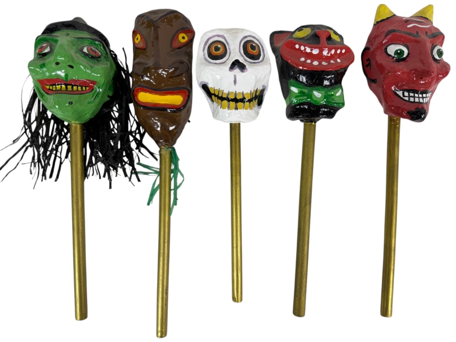 Vintage Inspired Mexican Folk Art Papier Mache Halloween Character Rattle Shaker Stick Lot Of Five 11' - 13'H