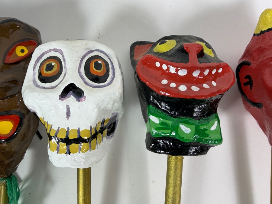 Vintage Inspired Mexican Folk Art Papier Mache Halloween Character Rattle Shaker Stick Lot Of Five 11' - 13'H [Photo 3]