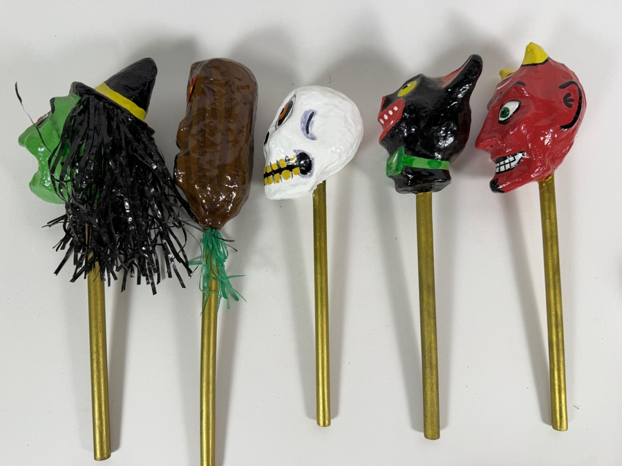 Vintage Inspired Mexican Folk Art Papier Mache Halloween Character Rattle Shaker Stick Lot Of Five 11' - 13'H [Photo 6]