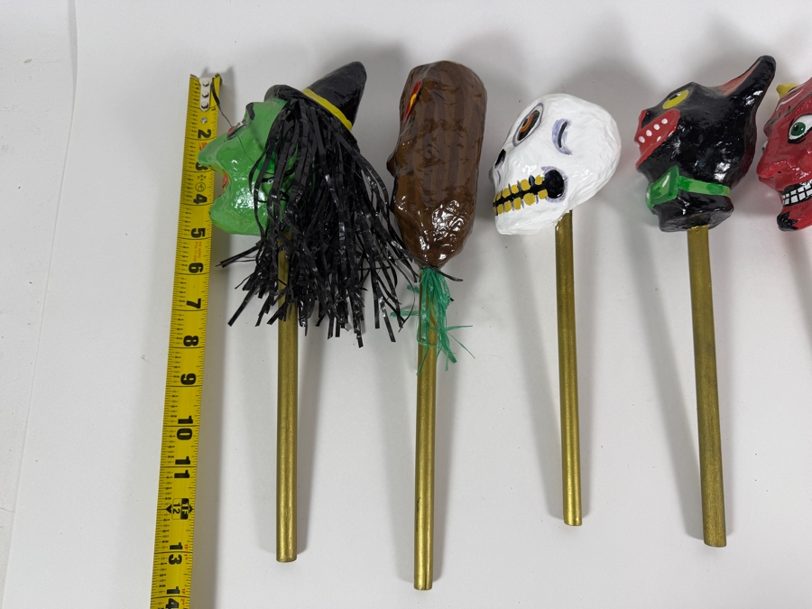Vintage Inspired Mexican Folk Art Papier Mache Halloween Character Rattle Shaker Stick Lot Of Five 11' - 13'H [Photo 7]
