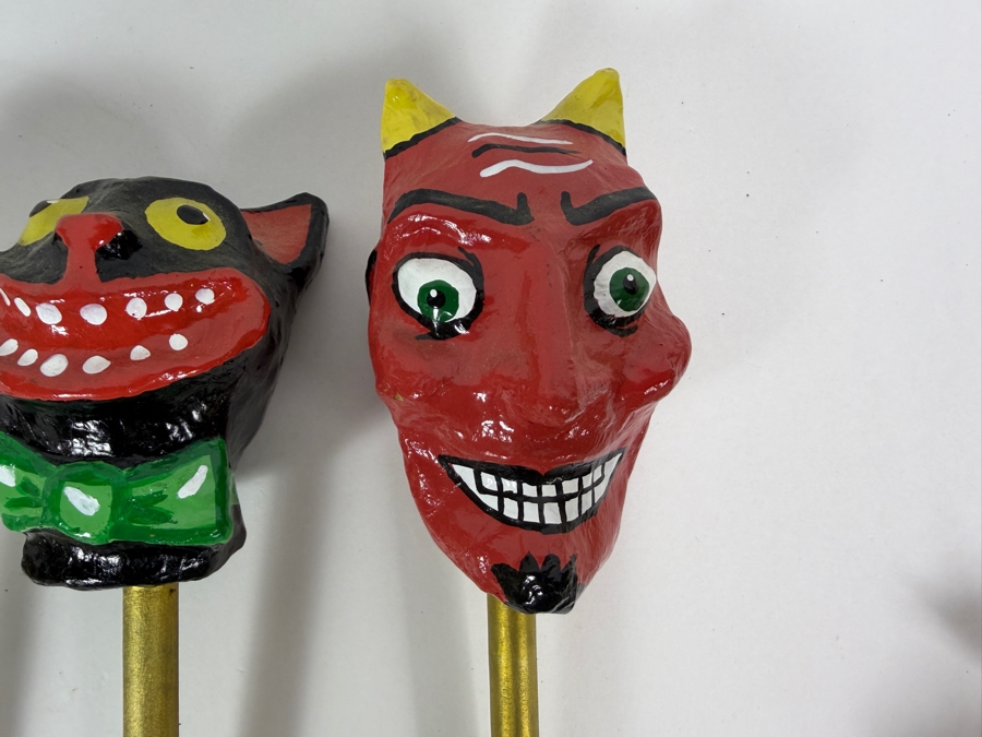 Vintage Inspired Mexican Folk Art Papier Mache Halloween Character Rattle Shaker Stick Lot Of Five 11' - 13'H [Photo 5]