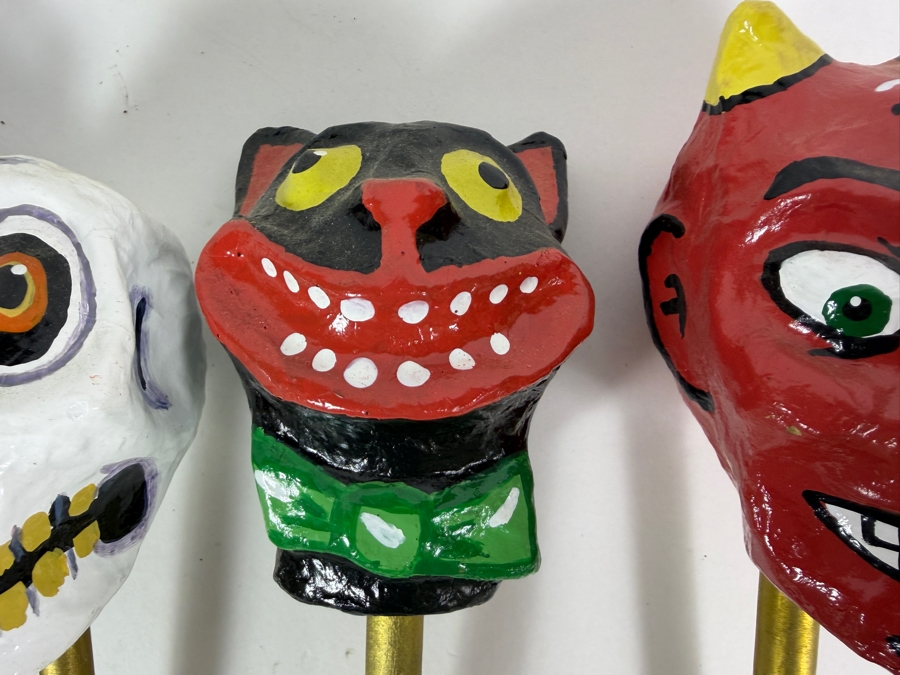 Vintage Inspired Mexican Folk Art Papier Mache Halloween Character Rattle Shaker Stick Lot Of Five 11' - 13'H [Photo 4]