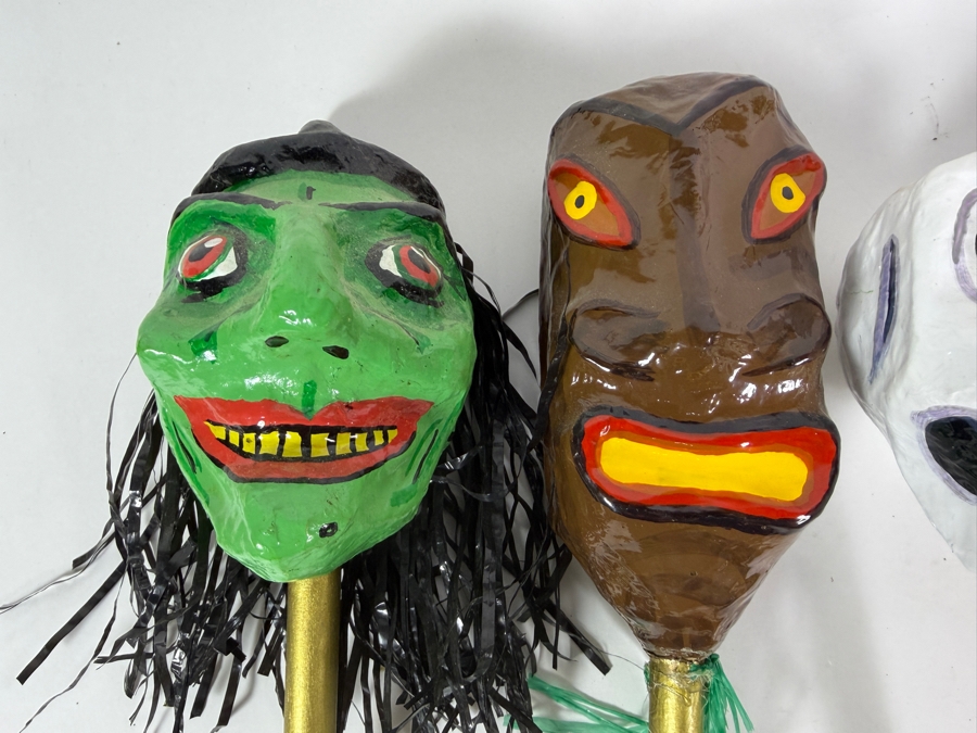 Vintage Inspired Mexican Folk Art Papier Mache Halloween Character Rattle Shaker Stick Lot Of Five 11' - 13'H [Photo 2]