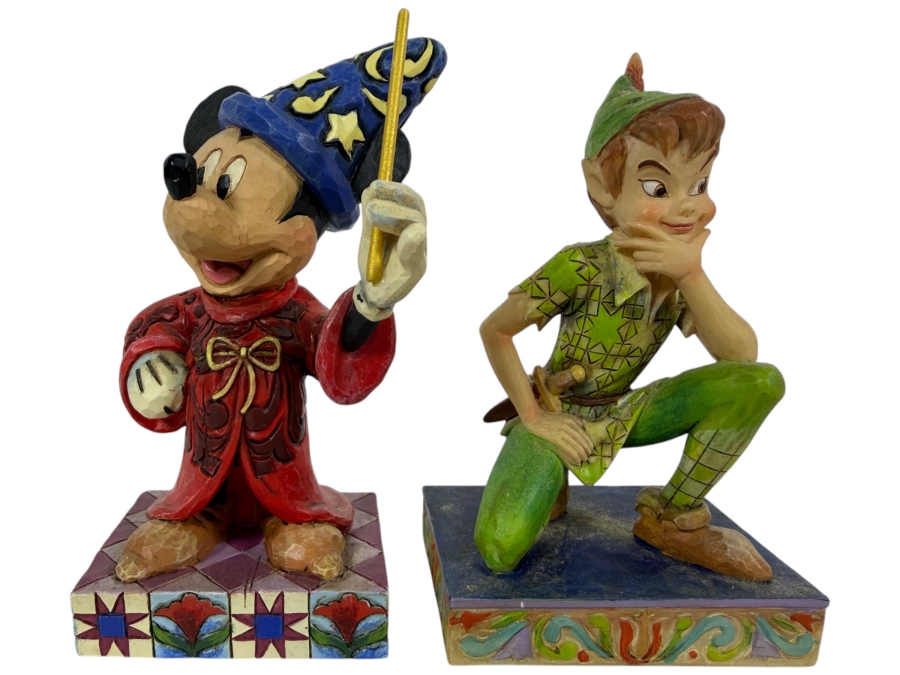 Disney Traditions Jim Shore 'Touch of Magic' Sorcerer Mickey Mouse Figurine and 'Childhood Champion' Peter Pan Figurine 4H