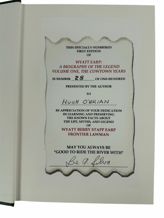 Rare Signed Limited Edition of 100 Hardcover First Printing Book Wyatt Earp: A Biography of the Legend Volume One, the Cowtown Years Presented to Actor Hugh O'Brian Who Portrayed Wyatt Earp (Client Was Hugh O'Brian's Assistant) [Photo 3]
