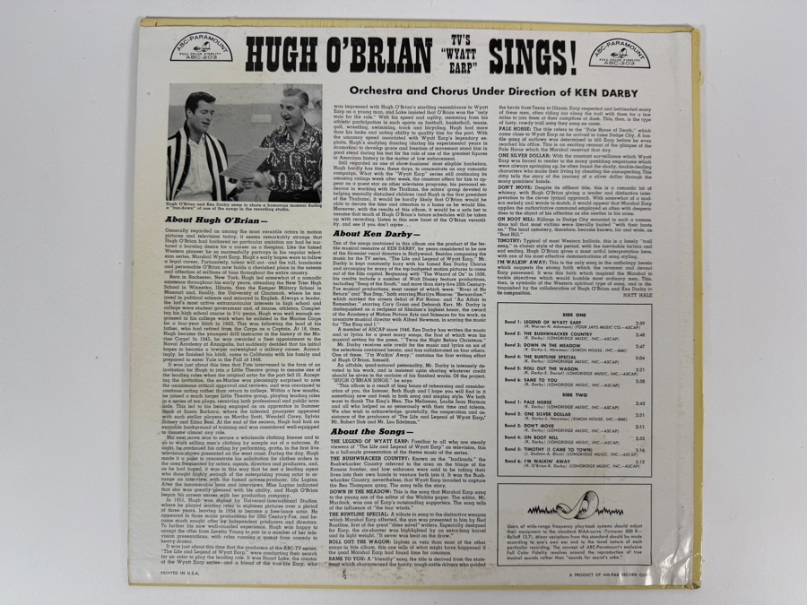 1957 Vinyl Record Album Titled TV's Wyatt Earp Sings Featuring Hugh O'Brian on the ABC-Paramount Label [Photo 2]