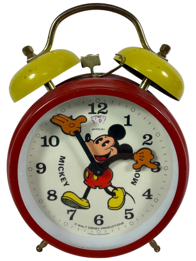 Vintage Walt Disney Productions Mickey Mouse Twin-Bell Mechanical Alarm Clock by Bradley in West Germany circa 1970s Working 6.5'H