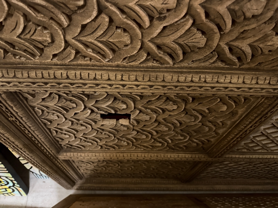 Large Intricately Carved Wooden 3-Panel Indian Style Lattice Screen Headboard (Note That There Are 2 Cutouts At The Bottom For Wiring - See Photos) 104.5'H - Middle Panel Is 51.5'W and (2) Side Panels Measure 58'W Each - Total Width Of 167.5' [Photo 5]