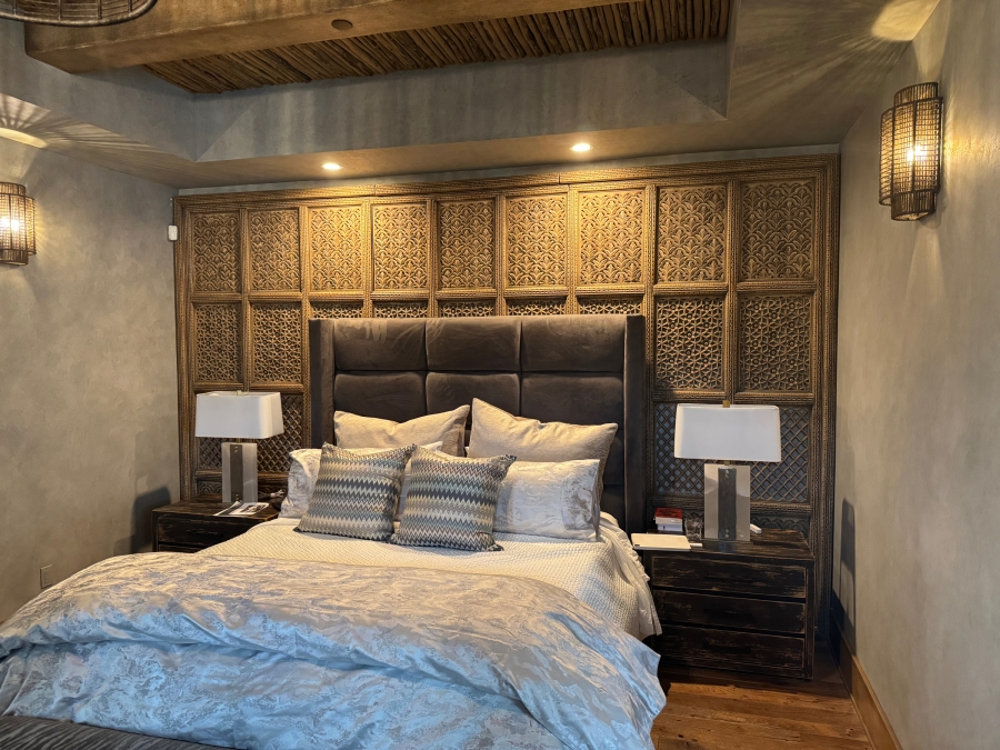 Large Intricately Carved Wooden 3-Panel Indian Style Lattice Screen Headboard (Note That There Are 2 Cutouts At The Bottom For Wiring - See Photos) 104.5'H - Middle Panel Is 51.5'W and (2) Side Panels Measure 58'W Each - Total Width Of 167.5'