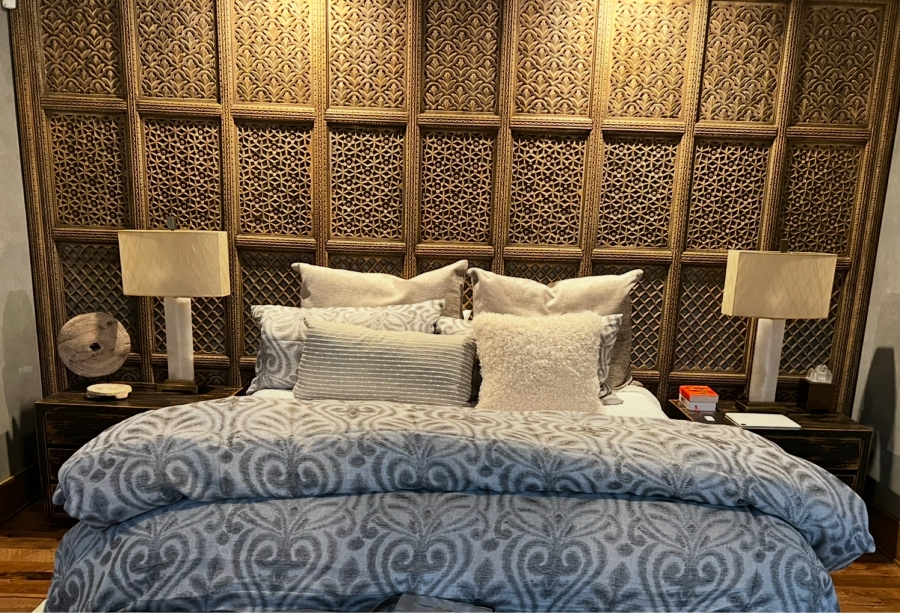 Large Intricately Carved Wooden 3-Panel Indian Style Lattice Screen Headboard (Note That There Are 2 Cutouts At The Bottom For Wiring - See Photos) 104.5'H - Middle Panel Is 51.5'W and (2) Side Panels Measure 58'W Each - Total Width Of 167.5' [Photo 2]