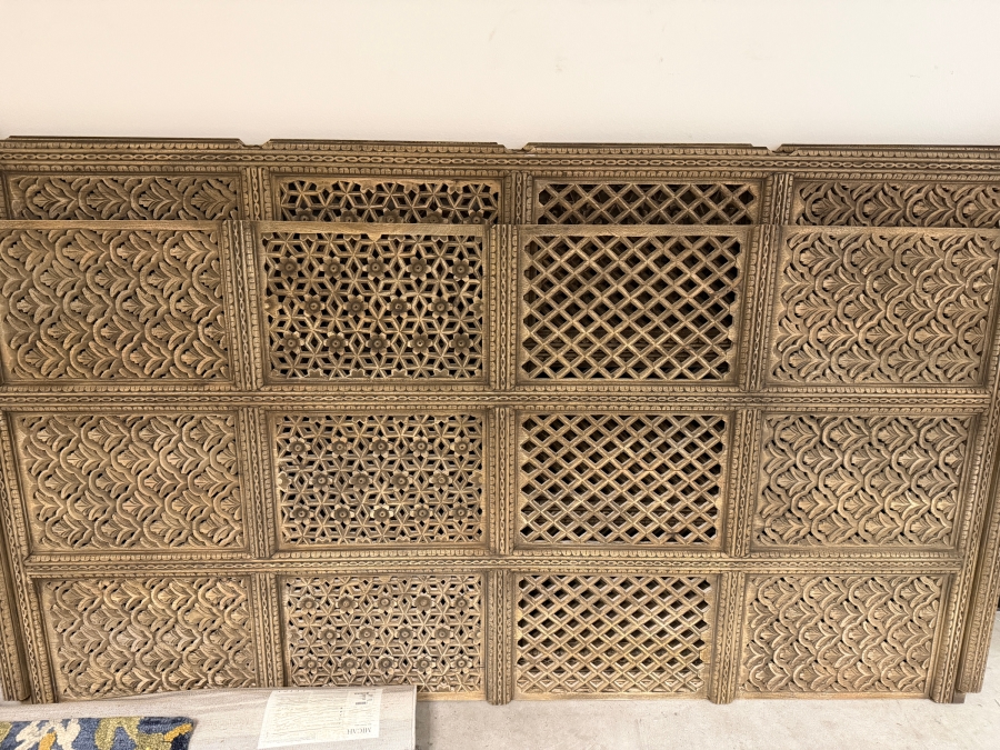 Large Intricately Carved Wooden 3-Panel Indian Style Lattice Screen Headboard (Note That There Are 2 Cutouts At The Bottom For Wiring - See Photos) 104.5'H - Middle Panel Is 51.5'W and (2) Side Panels Measure 58'W Each - Total Width Of 167.5' [Photo 3]