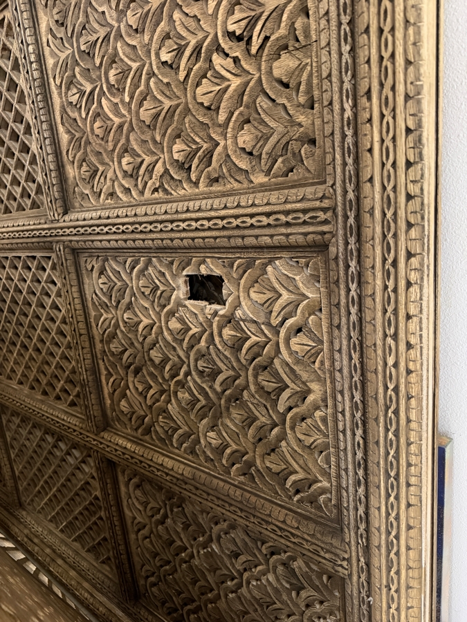 Large Intricately Carved Wooden 3-Panel Indian Style Lattice Screen Headboard (Note That There Are 2 Cutouts At The Bottom For Wiring - See Photos) 104.5'H - Middle Panel Is 51.5'W and (2) Side Panels Measure 58'W Each - Total Width Of 167.5' [Photo 4]
