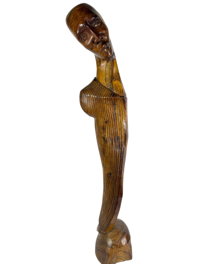 Elongated Tribal Wooden Tree Trunk Carving of a Man 40'H
