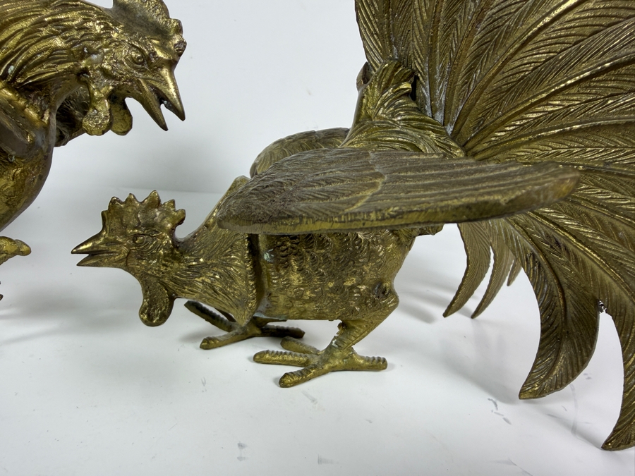 Vintage Japanese Pair Of Brass Fighting Rooster Sculptures Each Measures 9'W X 7'D X 8'H [Photo 4]