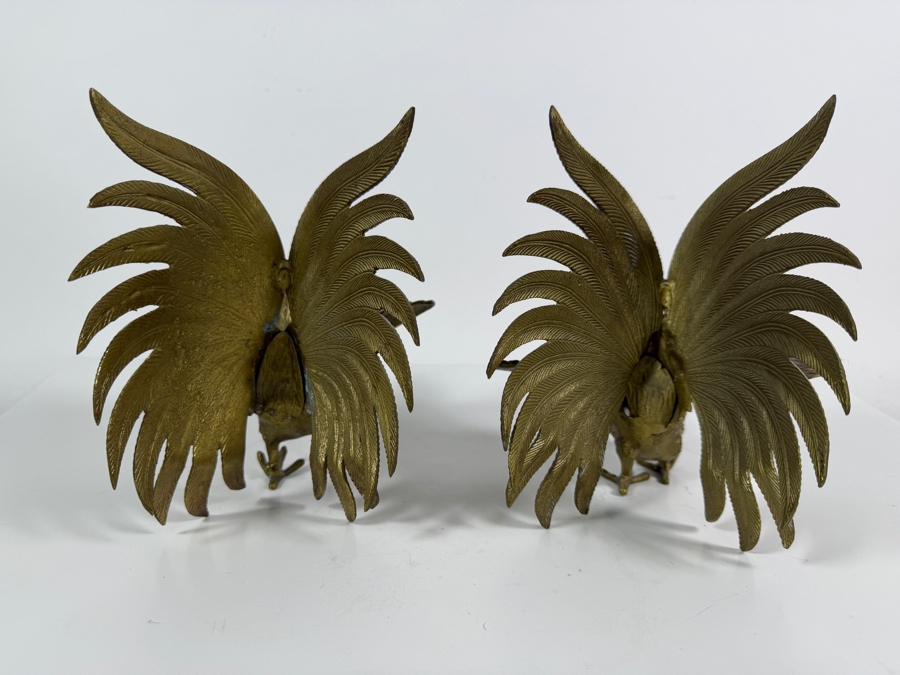 Vintage Japanese Pair Of Brass Fighting Rooster Sculptures Each Measures 9'W X 7'D X 8'H [Photo 7]