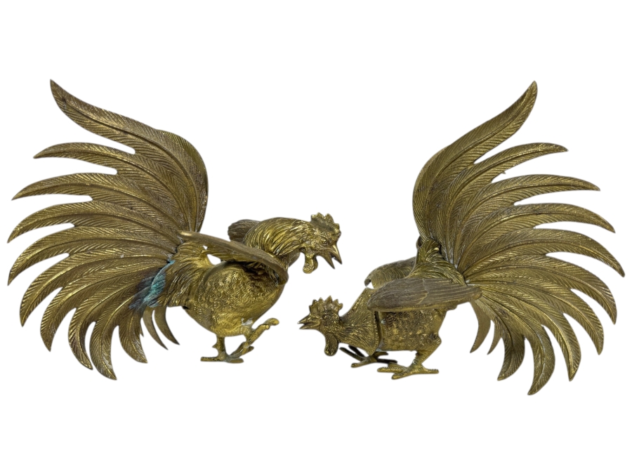 Vintage Japanese Pair Of Brass Fighting Rooster Sculptures Each Measures 9'W X 7'D X 8'H