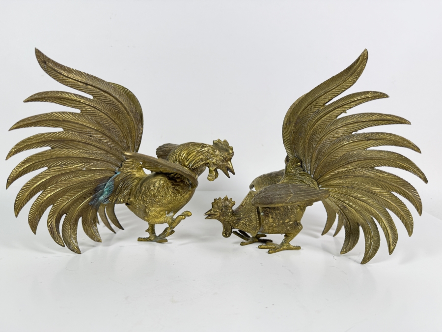 Vintage Japanese Pair Of Brass Fighting Rooster Sculptures Each Measures 9'W X 7'D X 8'H [Photo 2]