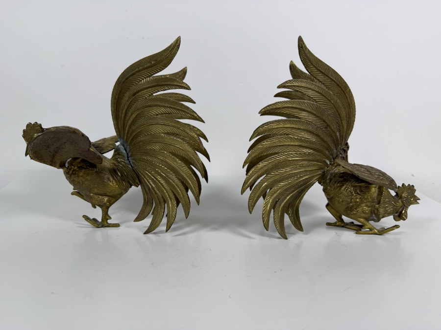 Vintage Japanese Pair Of Brass Fighting Rooster Sculptures Each Measures 9'W X 7'D X 8'H [Photo 6]