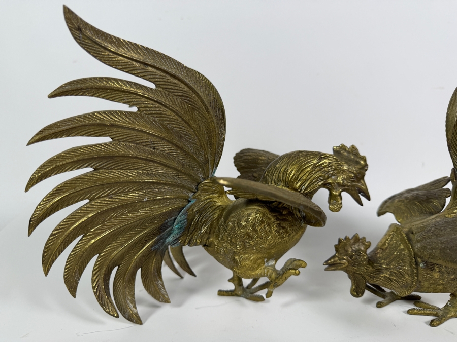 Vintage Japanese Pair Of Brass Fighting Rooster Sculptures Each Measures 9'W X 7'D X 8'H [Photo 3]