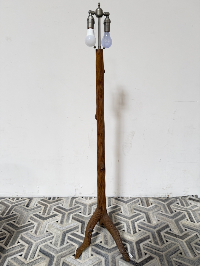 Vintage Mid-Century Modern Rustic Handcrafted Faux Bois Tree Branch Tripod Floor Lamp 63'H