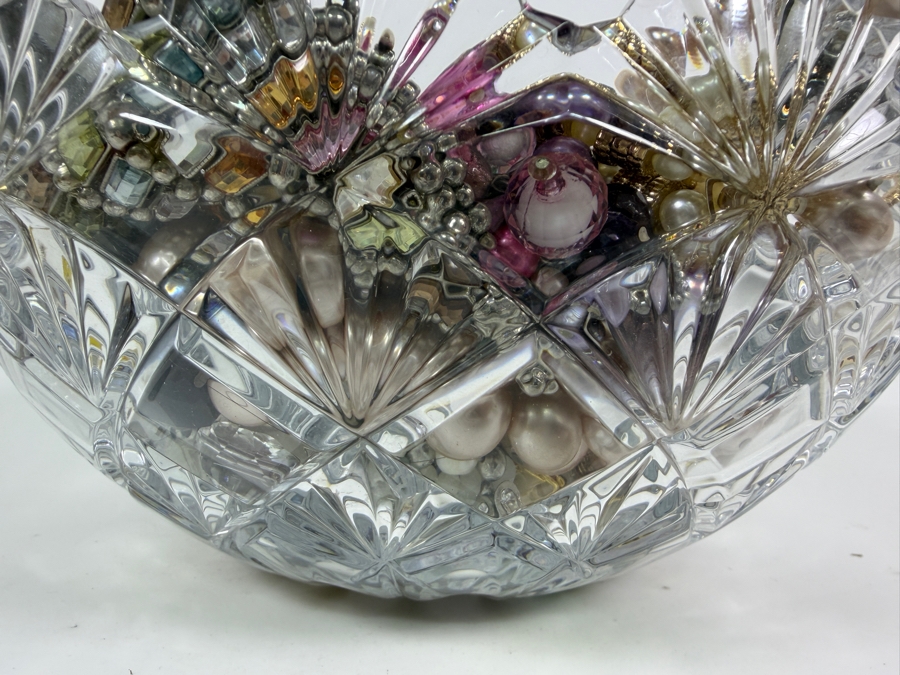 Large Assortment Of Vintage And Contemporary Costume Jewelry In 12' Clear Cut Crystal Glass Bowl  [Photo 5]