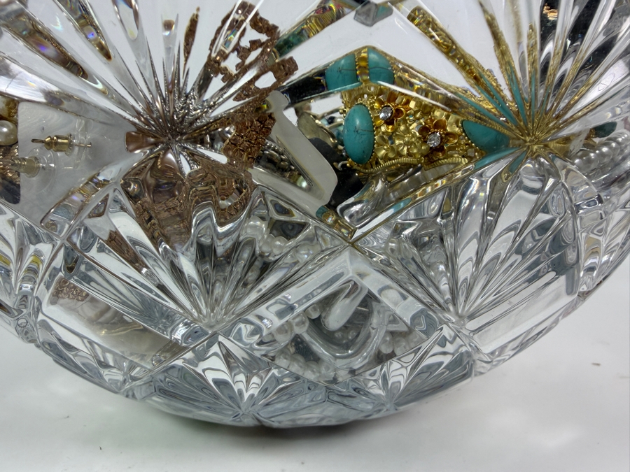 Large Assortment Of Vintage And Contemporary Costume Jewelry In 12' Clear Cut Crystal Glass Bowl  [Photo 6]