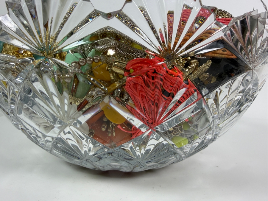 Large Assortment Of Vintage And Contemporary Costume Jewelry In 12' Clear Cut Crystal Glass Bowl  [Photo 7]