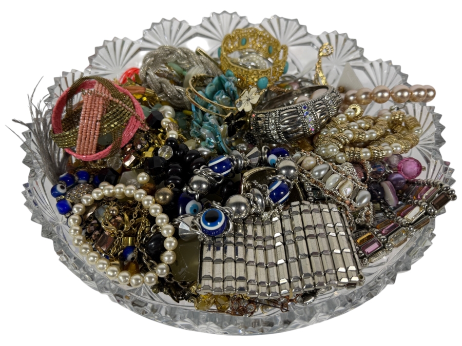 Large Assortment Of Vintage And Contemporary Costume Jewelry In 12' Clear Cut Crystal Glass Bowl 