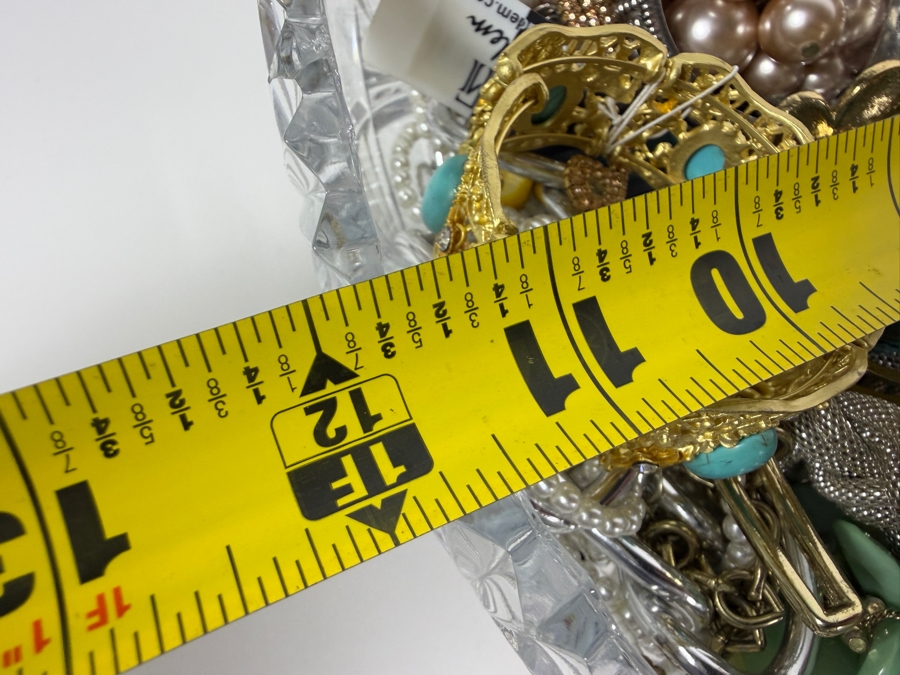 Large Assortment Of Vintage And Contemporary Costume Jewelry In 12' Clear Cut Crystal Glass Bowl  [Photo 8]