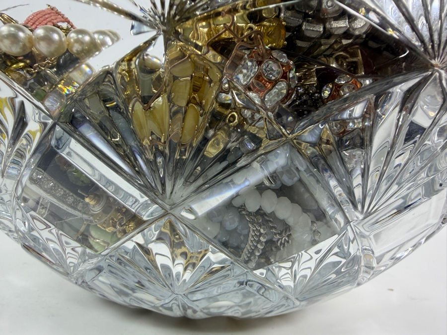 Large Assortment Of Vintage And Contemporary Costume Jewelry In 12' Clear Cut Crystal Glass Bowl  [Photo 4]
