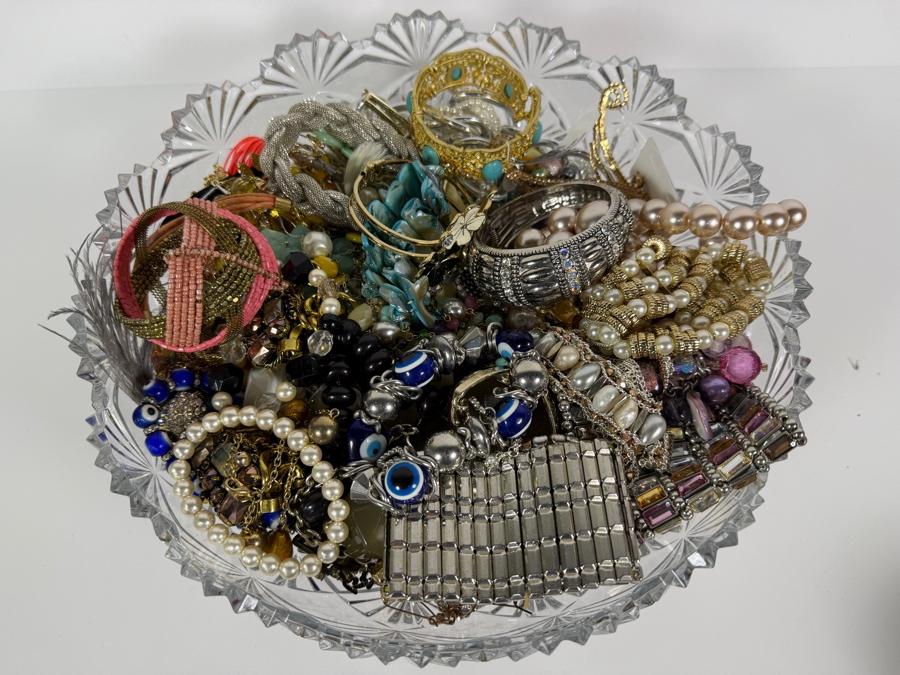 Large Assortment Of Vintage And Contemporary Costume Jewelry In 12' Clear Cut Crystal Glass Bowl  [Photo 2]