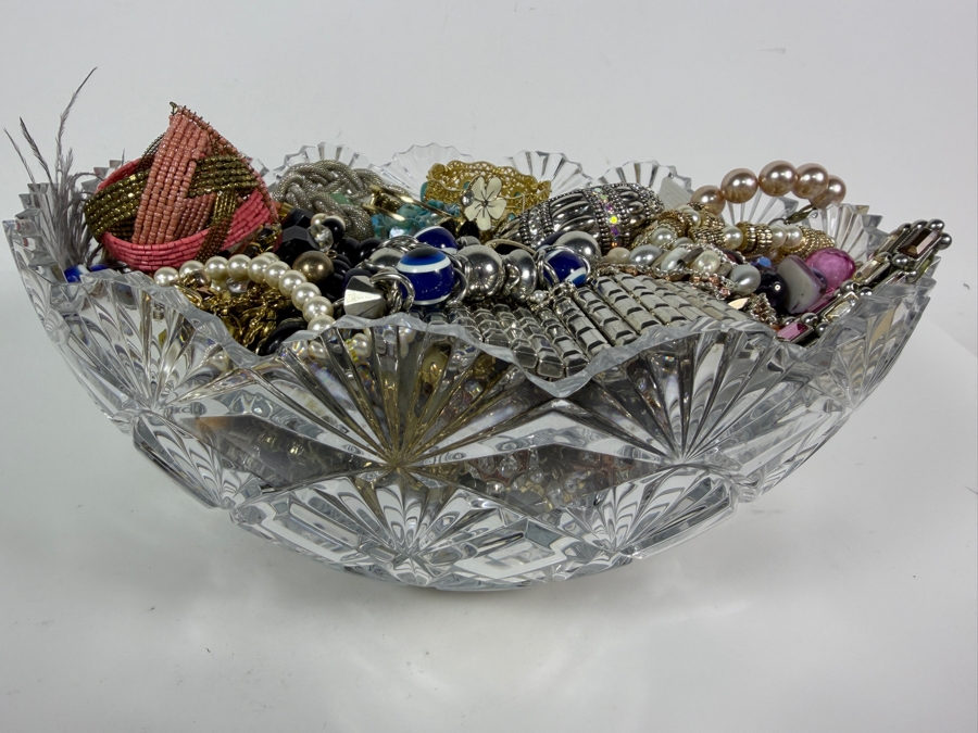 Large Assortment Of Vintage And Contemporary Costume Jewelry In 12' Clear Cut Crystal Glass Bowl  [Photo 3]