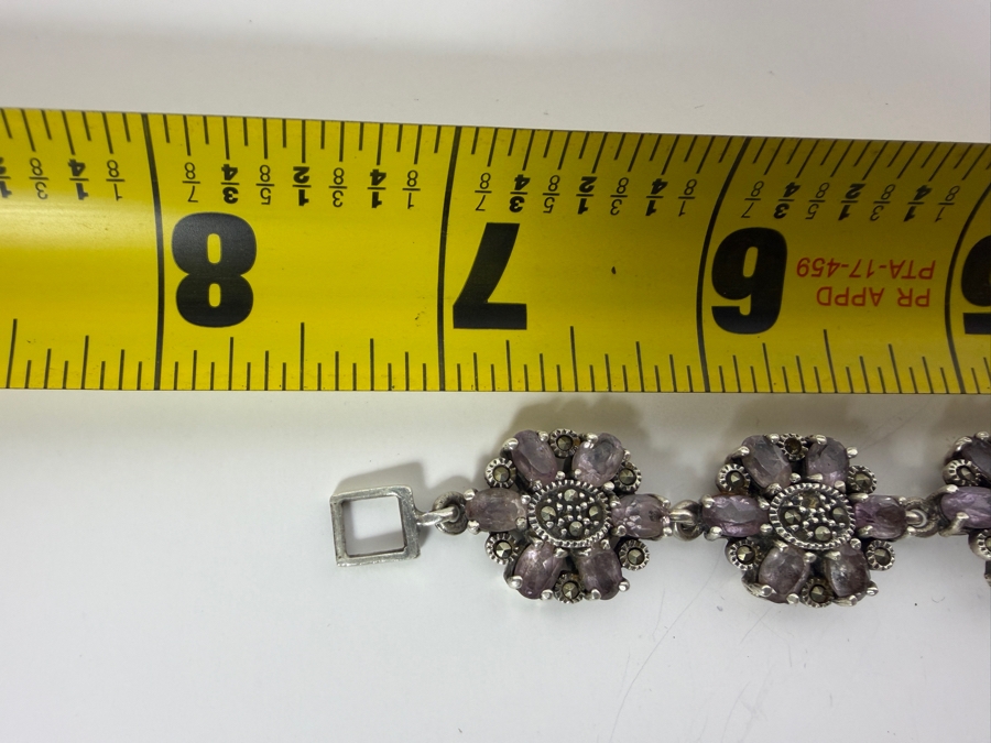 Vintage Sterling Silver Genuine Amethyst And Marcasite Floral Link Bracelet 7.5'L 29.7g [Photo 6]