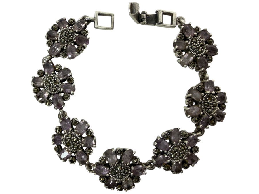 Vintage Sterling Silver Genuine Amethyst And Marcasite Floral Link Bracelet 7.5'L 29.7g