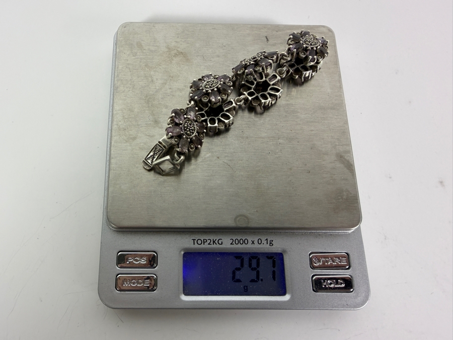 Vintage Sterling Silver Genuine Amethyst And Marcasite Floral Link Bracelet 7.5'L 29.7g [Photo 7]