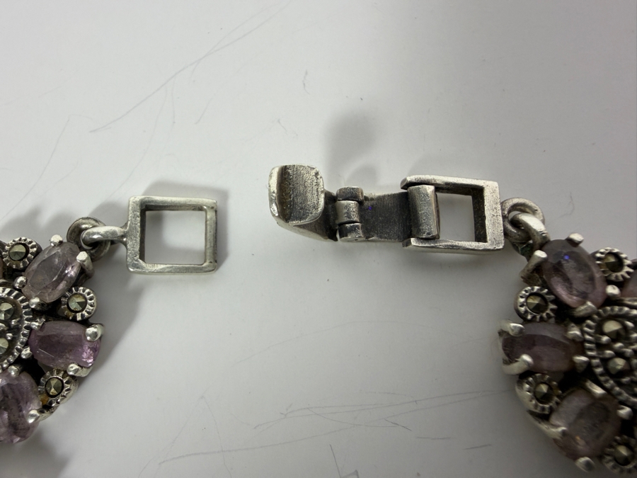 Vintage Sterling Silver Genuine Amethyst And Marcasite Floral Link Bracelet 7.5'L 29.7g [Photo 3]