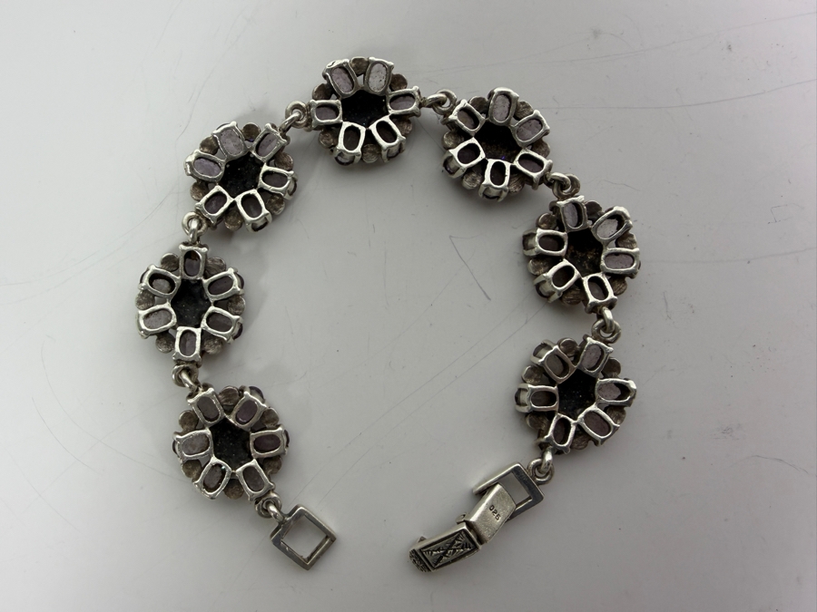 Vintage Sterling Silver Genuine Amethyst And Marcasite Floral Link Bracelet 7.5'L 29.7g [Photo 4]