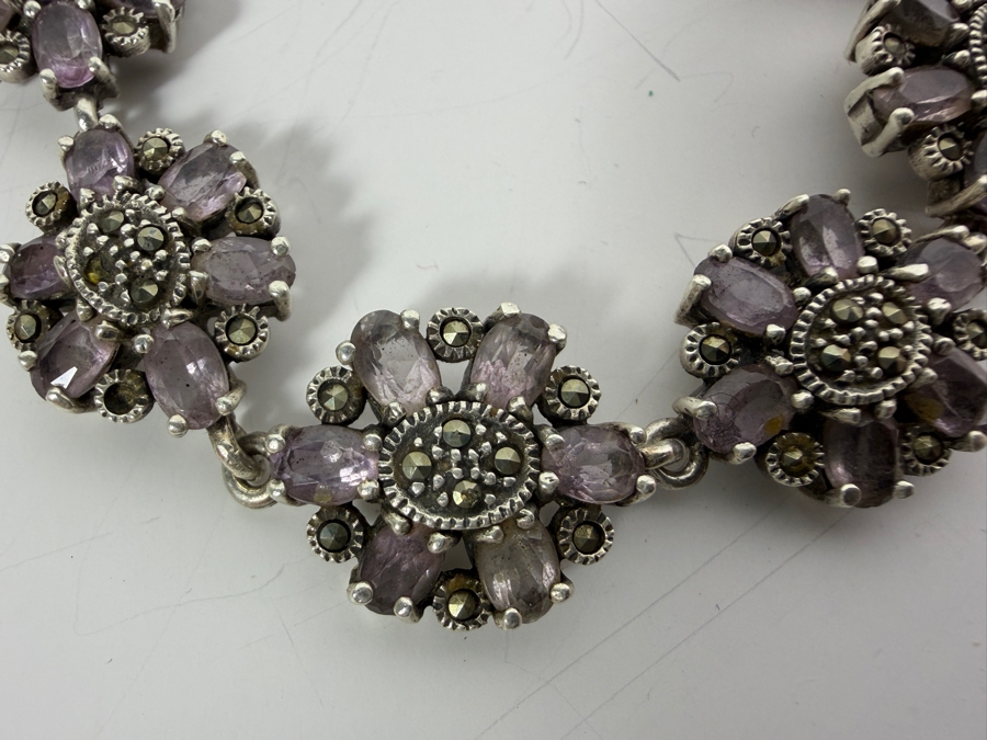 Vintage Sterling Silver Genuine Amethyst And Marcasite Floral Link Bracelet 7.5'L 29.7g [Photo 2]