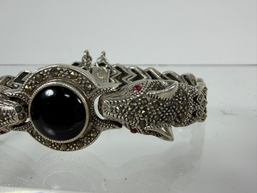Vintage Sterling Silver Double Panther Head Marcasite Black Onyx Bracelet 35.4g [Photo 4]