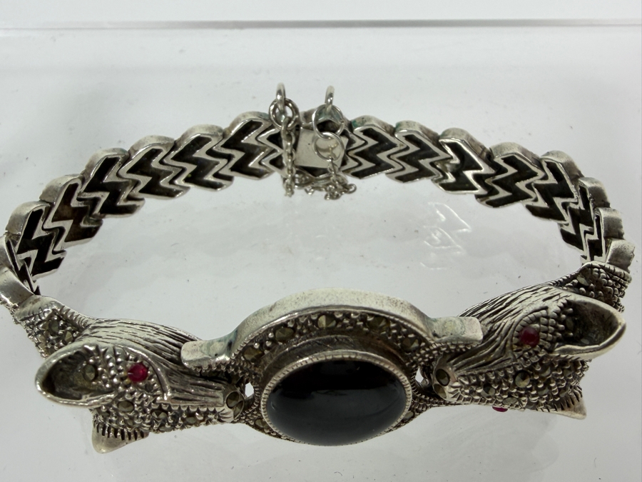 Vintage Sterling Silver Double Panther Head Marcasite Black Onyx Bracelet 35.4g [Photo 5]