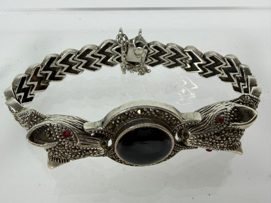 Vintage Sterling Silver Double Panther Head Marcasite Black Onyx Bracelet 35.4g [Photo 2]