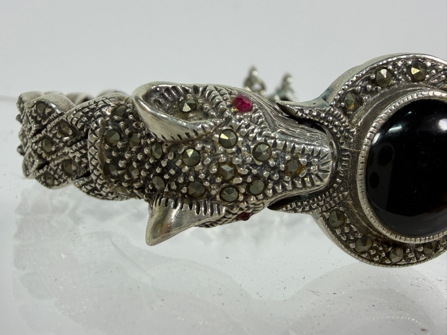 Vintage Sterling Silver Double Panther Head Marcasite Black Onyx Bracelet 35.4g [Photo 3]