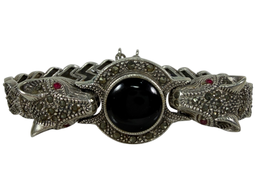 Vintage Sterling Silver Double Panther Head Marcasite Black Onyx Bracelet 35.4g