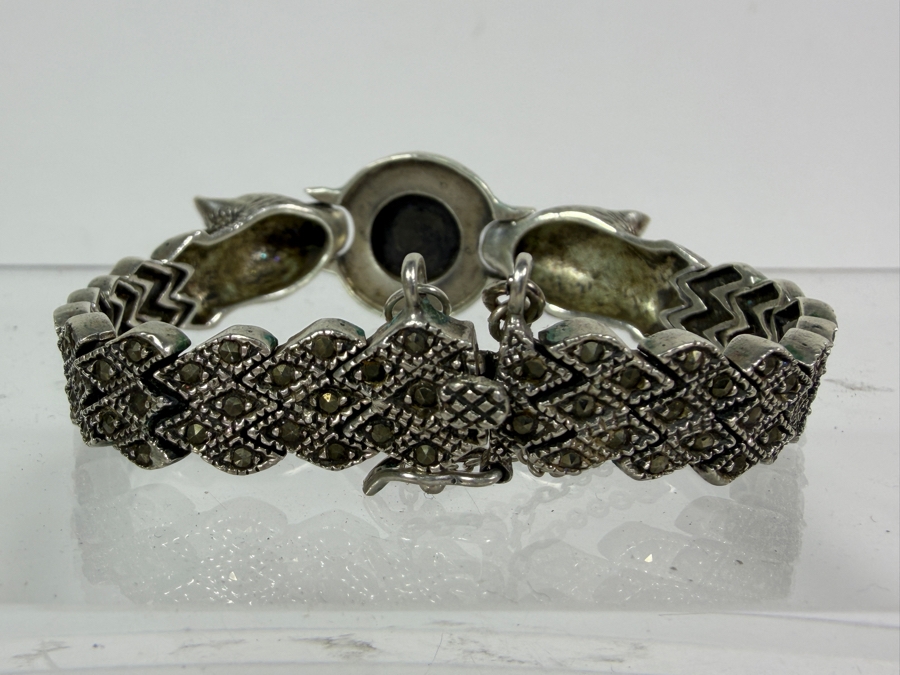 Vintage Sterling Silver Double Panther Head Marcasite Black Onyx Bracelet 35.4g [Photo 6]