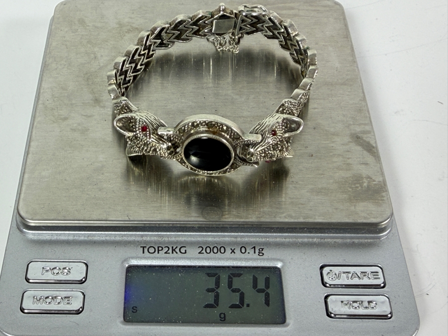 Vintage Sterling Silver Double Panther Head Marcasite Black Onyx Bracelet 35.4g [Photo 8]