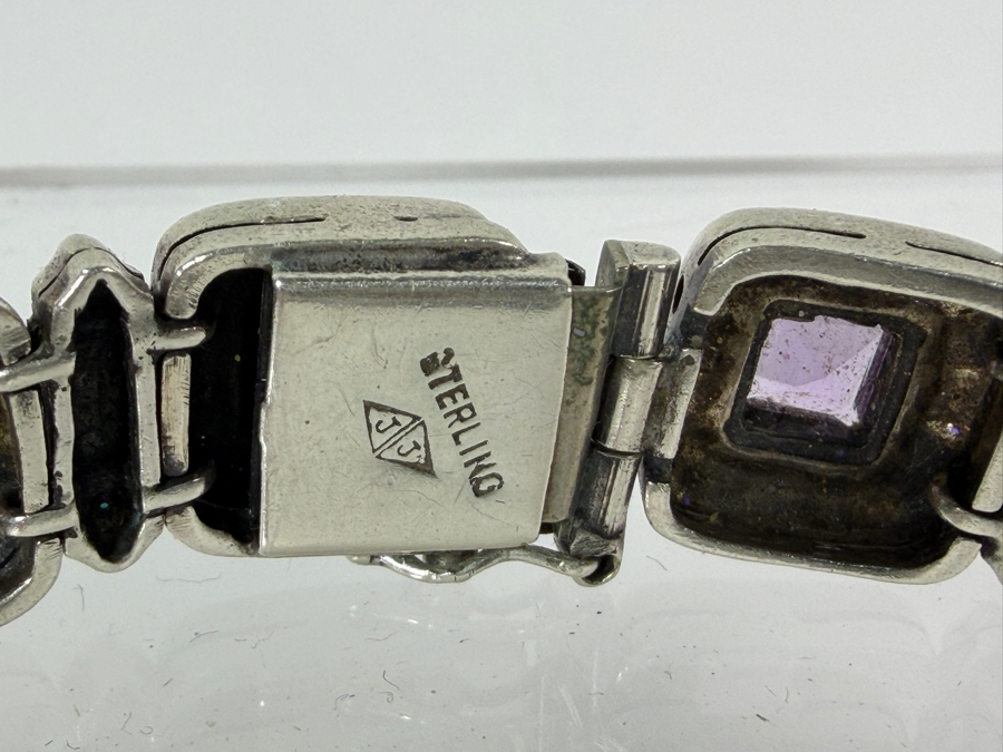 Vintage Style Sterling Silver Square Panel Link Marcasite And Princess Cut Amethyst Bracelet 7.5'L 40g [Photo 5]