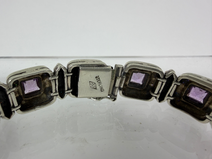 Vintage Style Sterling Silver Square Panel Link Marcasite And Princess Cut Amethyst Bracelet 7.5'L 40g [Photo 4]