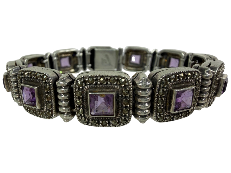 Vintage Style Sterling Silver Square Panel Link Marcasite And Princess Cut Amethyst Bracelet 7.5'L 40g